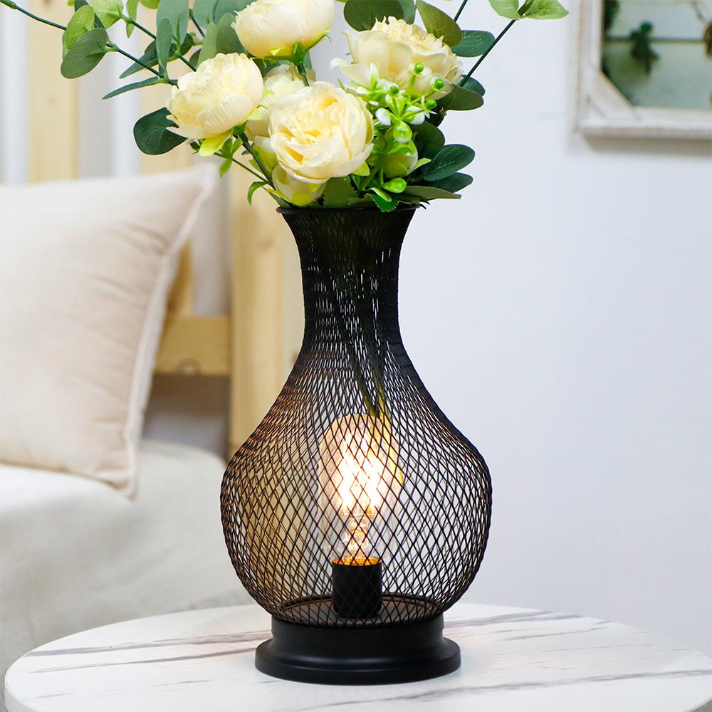 Metal Battery Operated Lamp 26cm High Vase Shape Mesh Cordless Decorative Lanterns for Living Room Tabletop Indoors (Black)