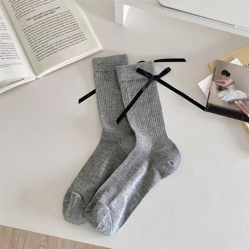 Boneless Heel Bow Solid Color Sweet Mid-calf Socks, Versatile, Pile Socks for Girls