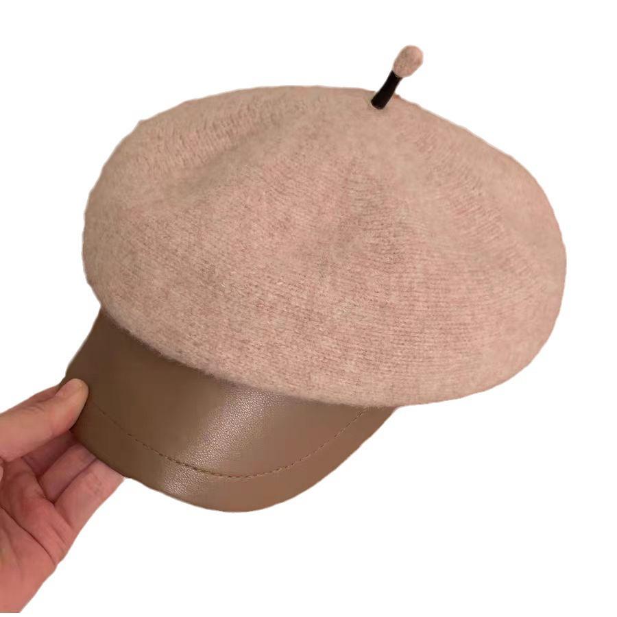 Simple PU Leather Brim Octagonal Hat Women's Autumn and Winter Woolen Peaked Cap Versatile Newsboy Hat