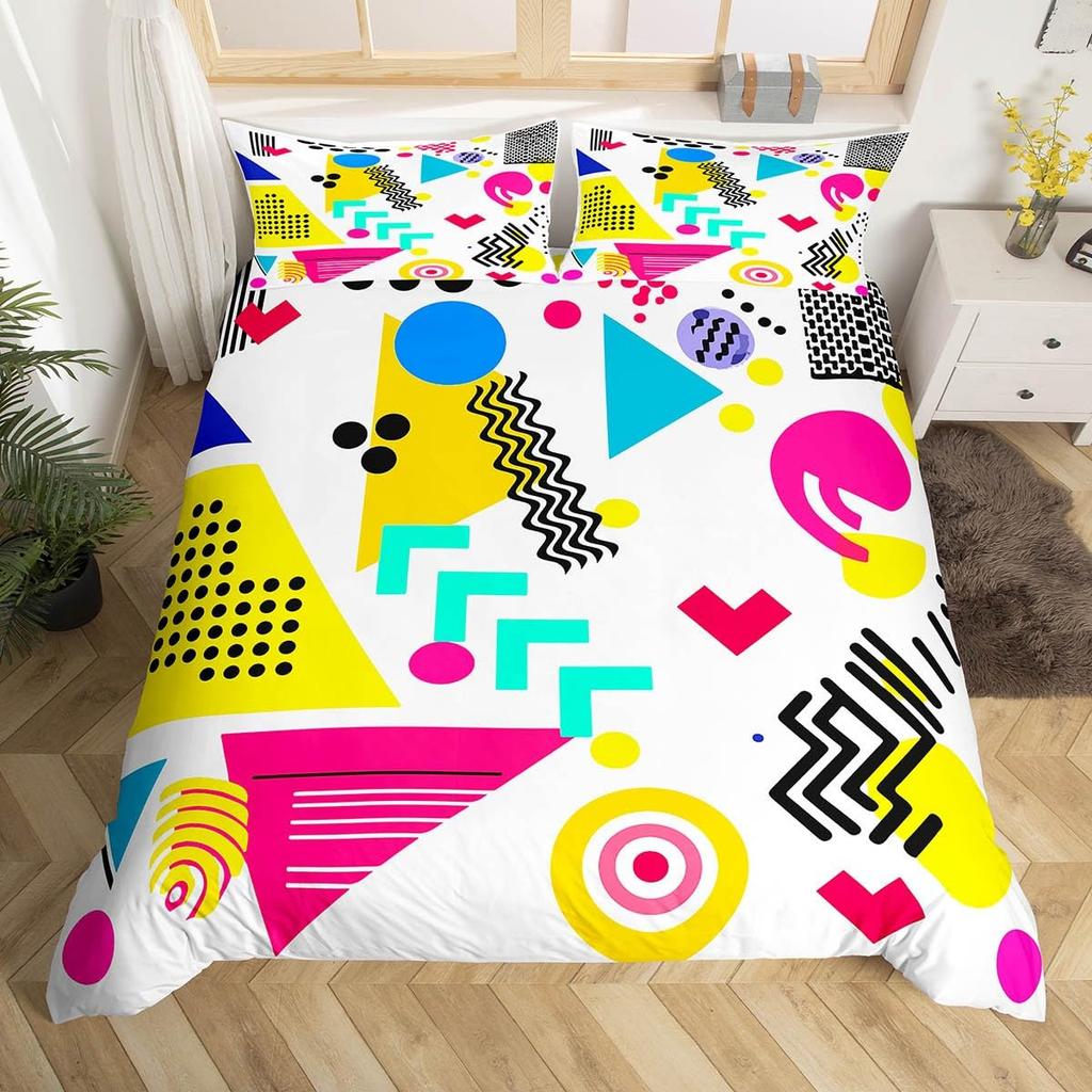 Memphis Geometric Duvet Cover Twin KingRetro Style Round Triangle Shapes Quilt Cover Colorful Graphic 80s 90S Style Bedding Set