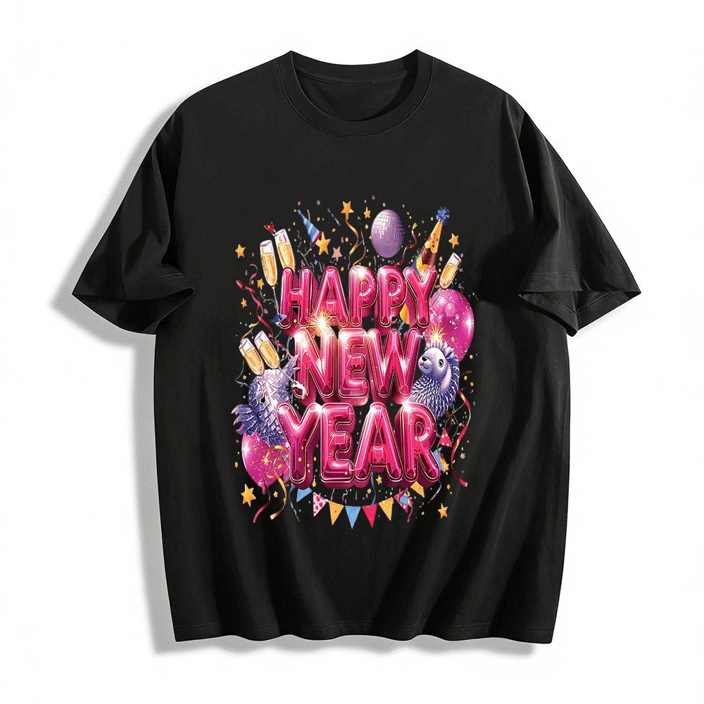 Happy New Year Party Themed Letter Print Casual Top Pure cotton T-shirt XXS