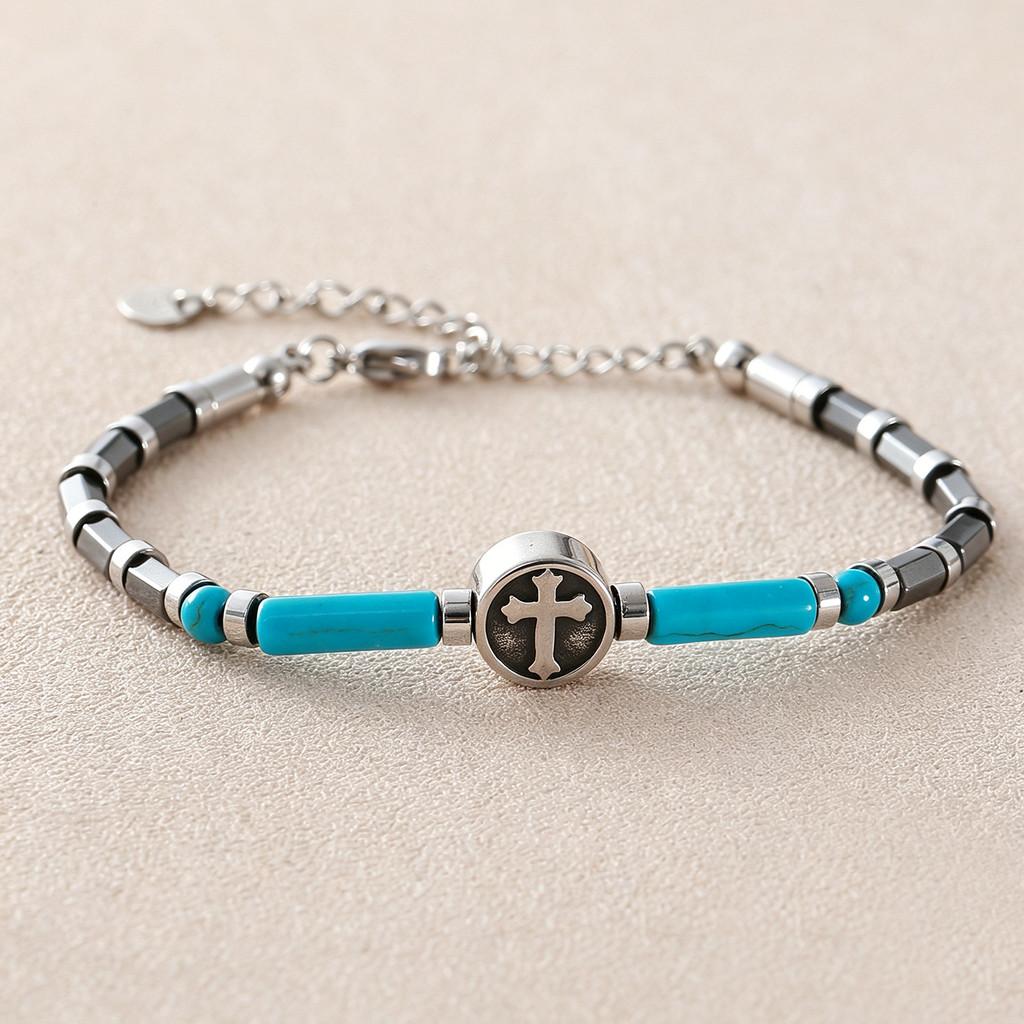 Mens Black Stainless Steel Cross Bead Bracelet With Turquoise Stone For Fashion And Gift