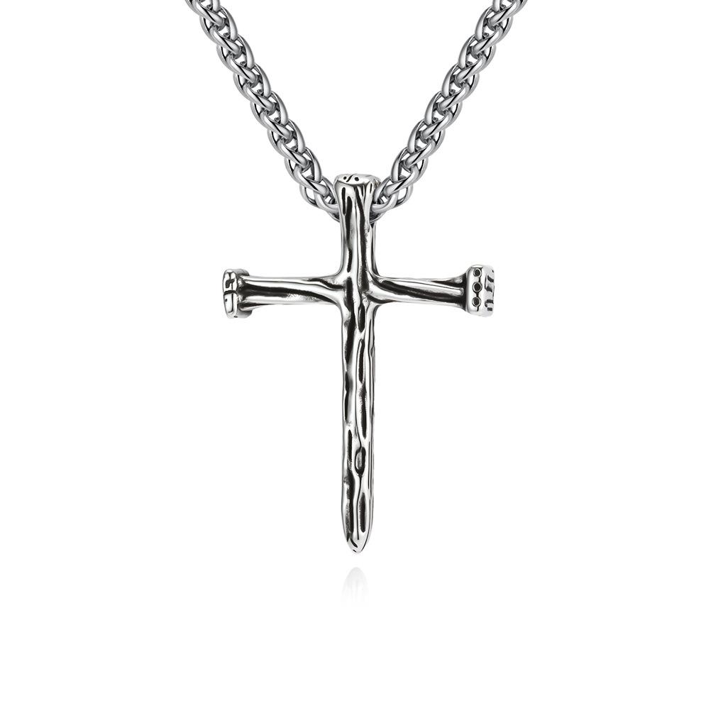 Retro Imitation Wood Grain Titanium Steel Cross Necklace Men s Niche Literary Wear Stainless Steel Pendant Sweater Chain 60CM