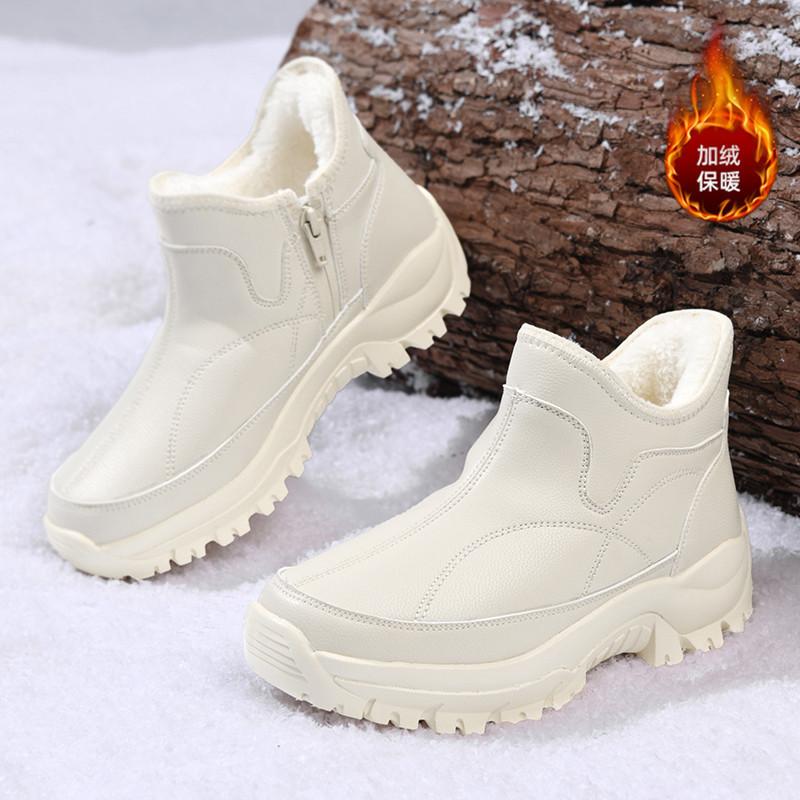 Large size leather velvet cotton shoes side zipper winter warm and cold-resistant outdoor hiking snow boots
