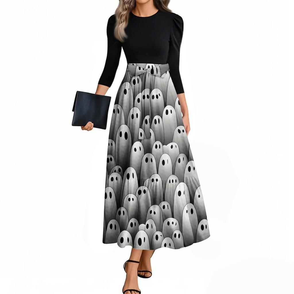 Damska Moda Casual Sukienki z Rękawem Trzy Czwarte, Okrągłym Dekoltem, z Paskiem, Eleganckie, z Temperamentem, z Nadrukiem Halloween