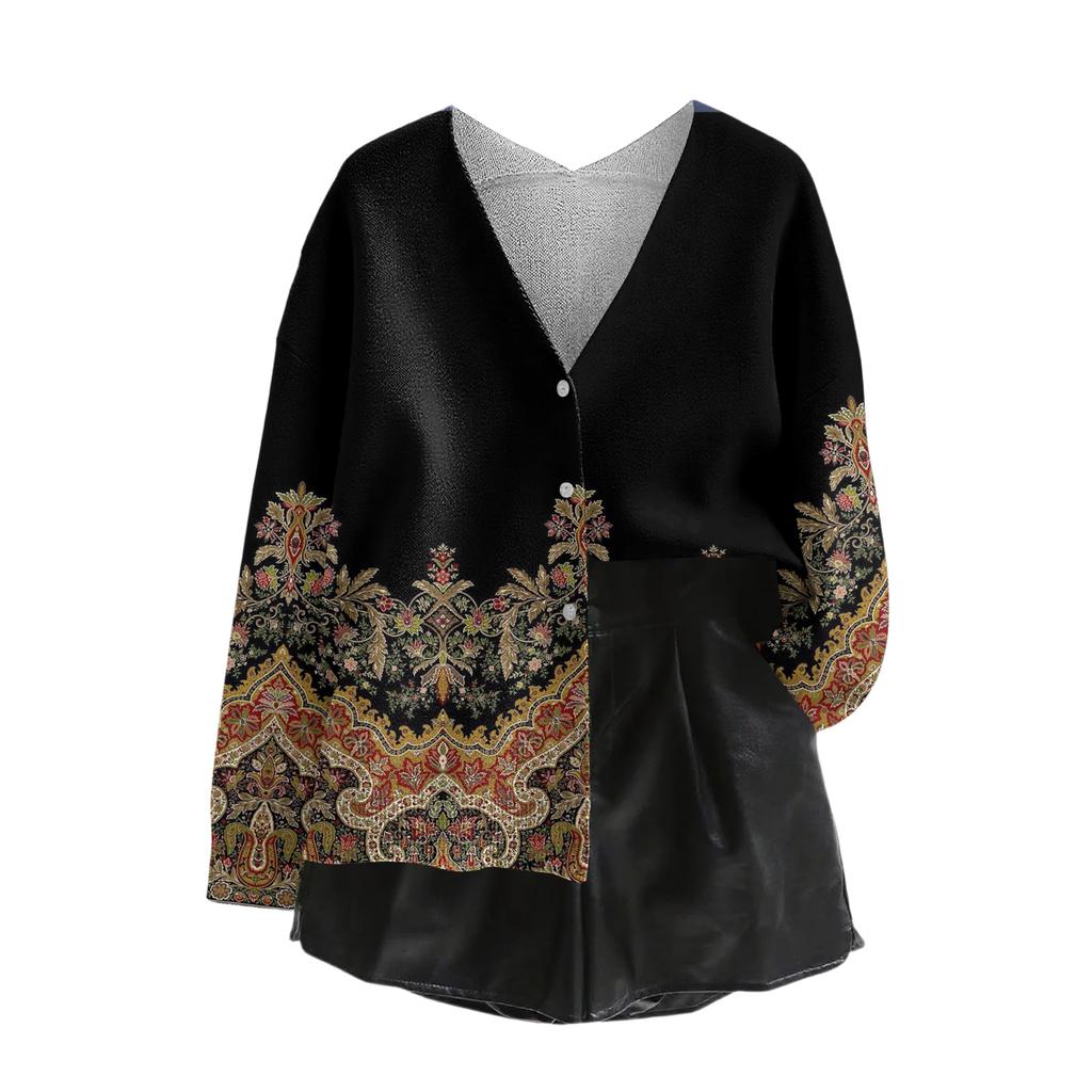 Women's V Neck Top Printing Thickened Plush Cashmere Warm Long Top