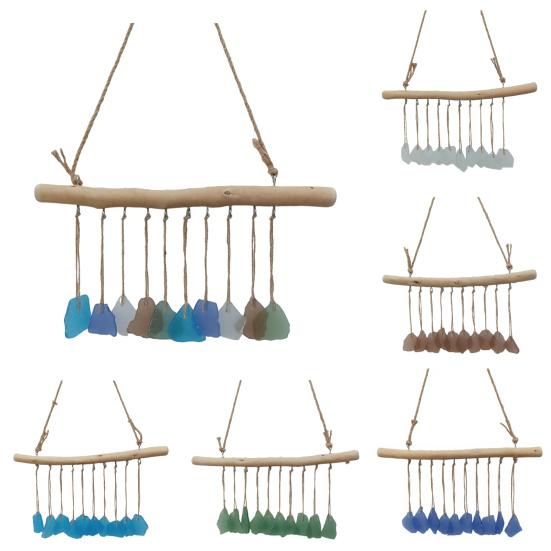 Handmade Sea Glass Wind Chimes for Outside Coastal Style Hanging Wind Chime with Wooden Hanger for Home Wall Garden Decor Gifts for Mom Women
