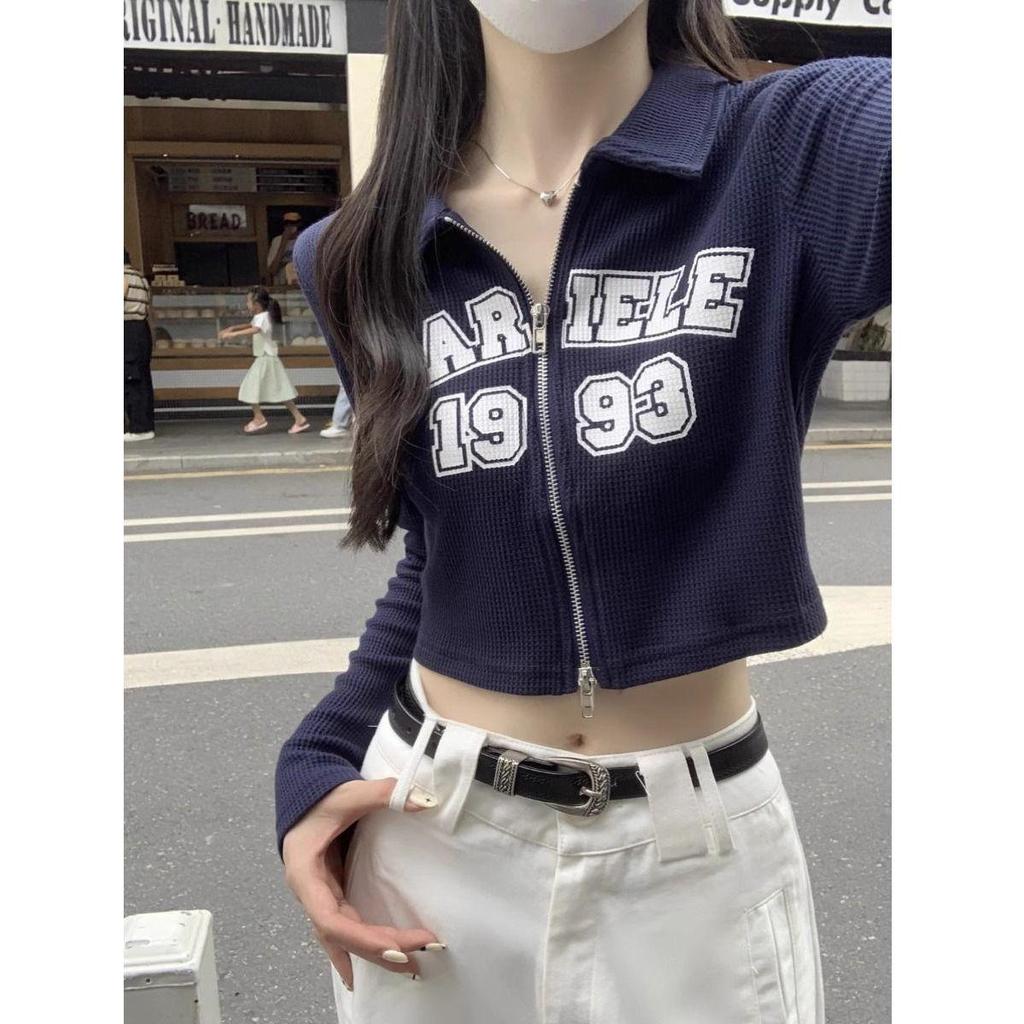 American Retro Hot Girl Double Zipper Cropped Top - Slim Fit Printed T-Shirt for Early Autumn