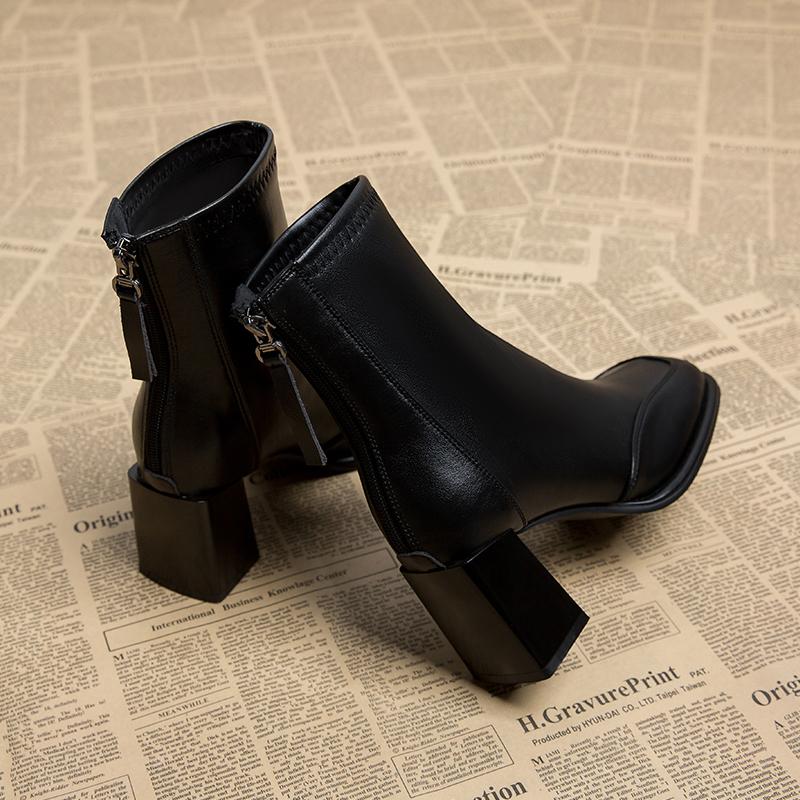 Vintage Thick Heel Women Ankle Boots Back Zippers Autumn Winter Shoes Ladies Elegant Square Toe Short Booties