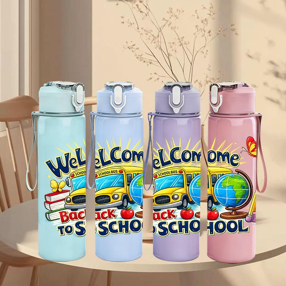 1PC Welcome Back To School Theme 750ml Color Plastic Sports Water Bottle Leakproof Flip Straw Lid Suitable for Sports Office Home Use