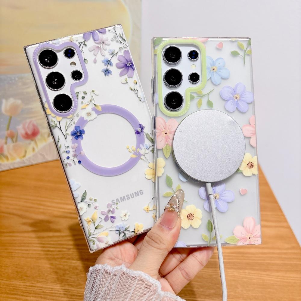 Cartoon Flower for Magsafe Case for Samsung Galaxy S26 S25 S23 Ultra S24 Plus Magnetic Wireless Charging Transparent Matte Cover