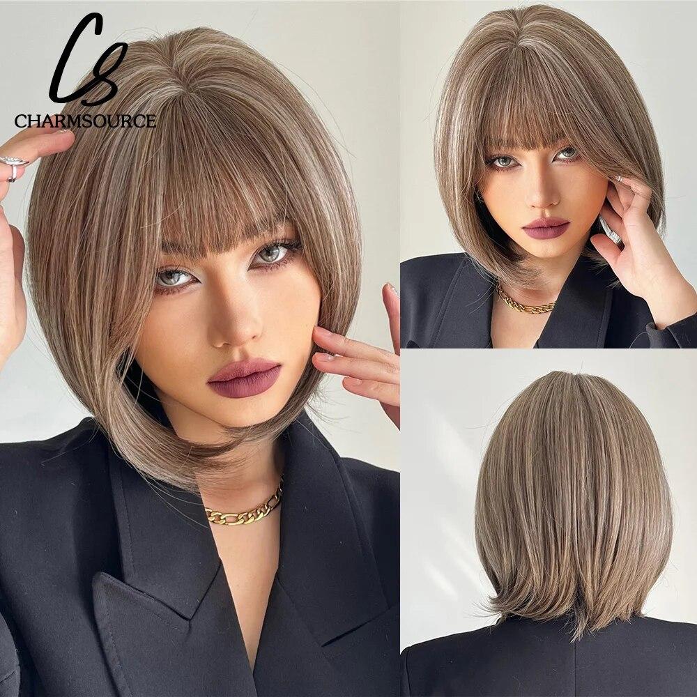 Short Straight Bob Synthetic Wigs with Bangs for Women Brown To Blonde Wig Cosplay Party Daily Heat Resistant Fiber Hair