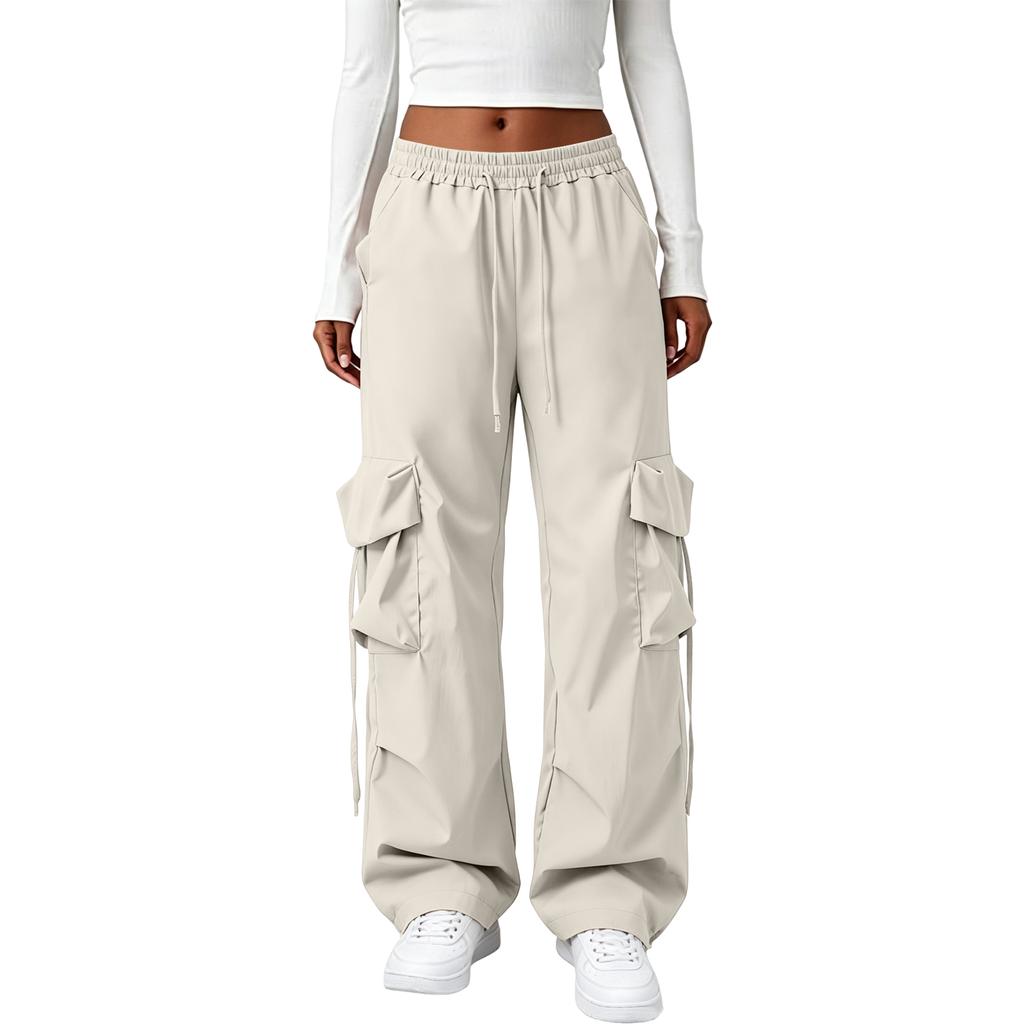 Hohe Taille Gerade Bein Lockerer Schnitt Lange Hosen für Damen Lässige Weite Hosen mit Mehreren Taschen Kordelzug Taille Design