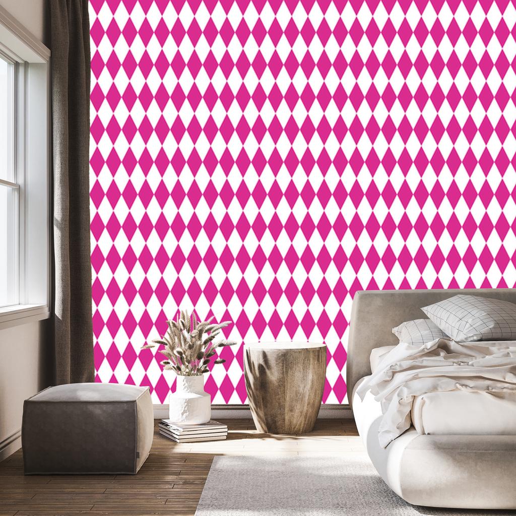Harlequin Rhombus Wallpaper, purple and white, powder pink background, 50x1000