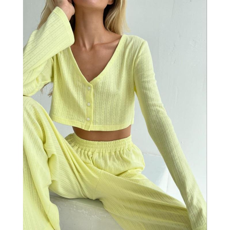 Causal Solid V Neck T-shirt Pants Suit Long Sleeve Crop Top Elastic Waist Wide Leg Pant Sets Spring Homewear Outfit