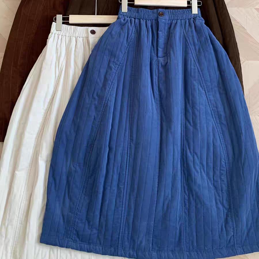 Japanese-Style Quilted Midi Skirt: Retro, Loose, Bud-Shaped Design for Autumn and Winter