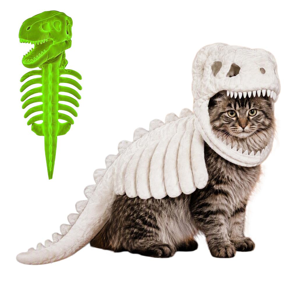 NEW Dinosaur Skeleton Glow in Dark Cat Costume, 25-120cm Dog Hood Outfit Pet Clothes for Halloween Cosplay with/without Glowing