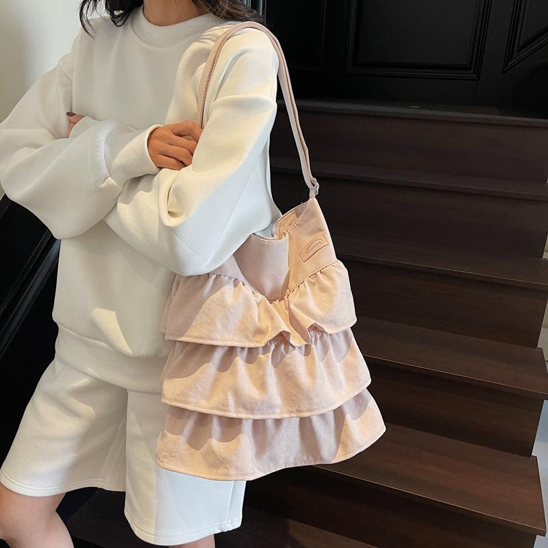 Korean ruffle edge cloth bag women's 2025 new trend fashion niche tote bag large capacity shoulder messenger bag