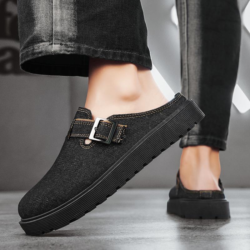 Thick-soled Half Shoes For Men Mules Denim Platform Closed Toe Sandals Slip On Backless Loafers Slipper Semi-Drag Casual Shoes