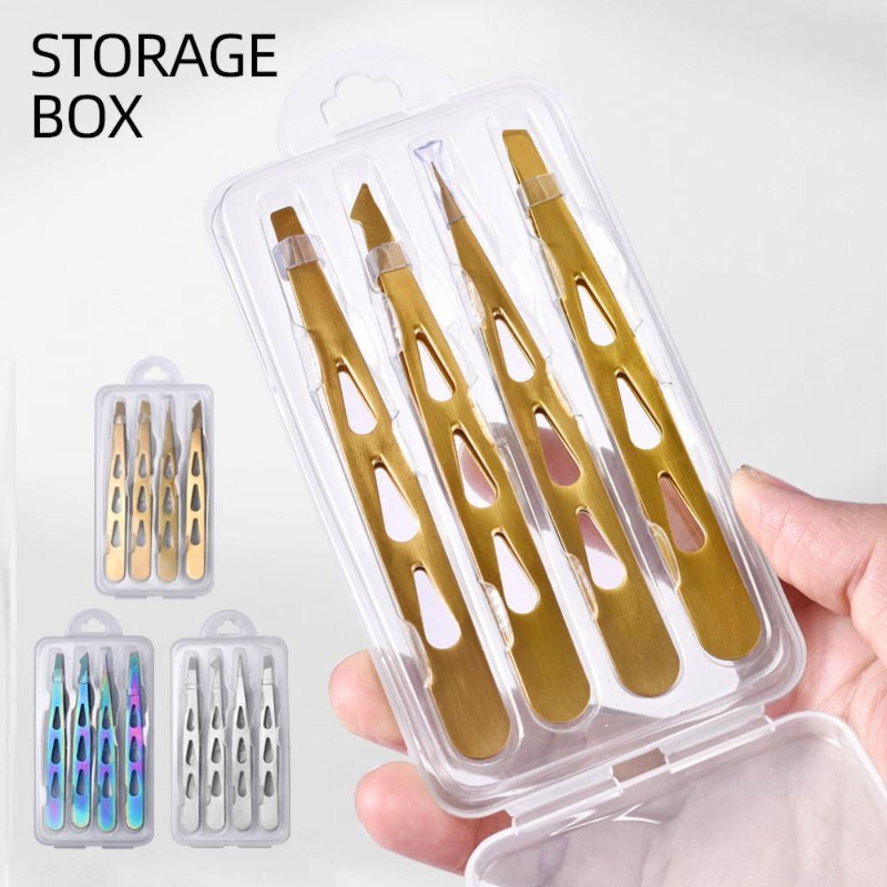 4PCS/Set Stainless Steel Eyebrow Tweezers Oblique Mouth Pointed Tip Beard Tweezers Portable Multifunctional Lash Extension Tool