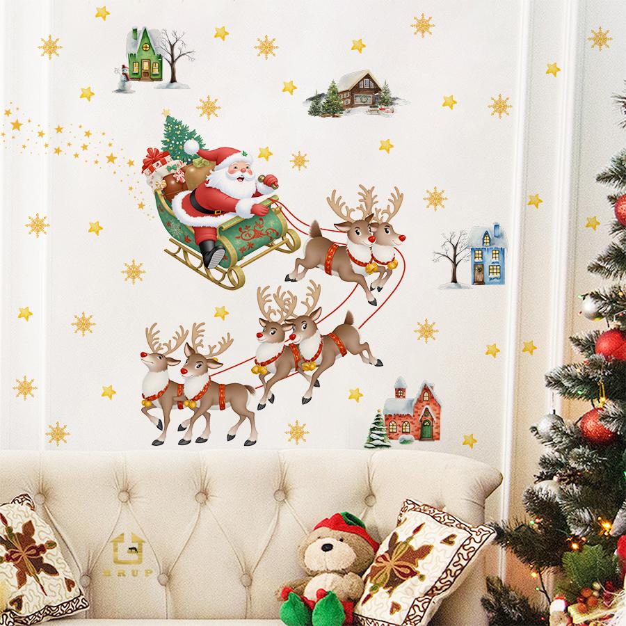 Adesivos de Parede Natalinos Caprichosos com Trenó do Papai Noel Removíveis Autoadesivos Renas Mini Casas para Sala de Estar Decoração de Entrada de Loja