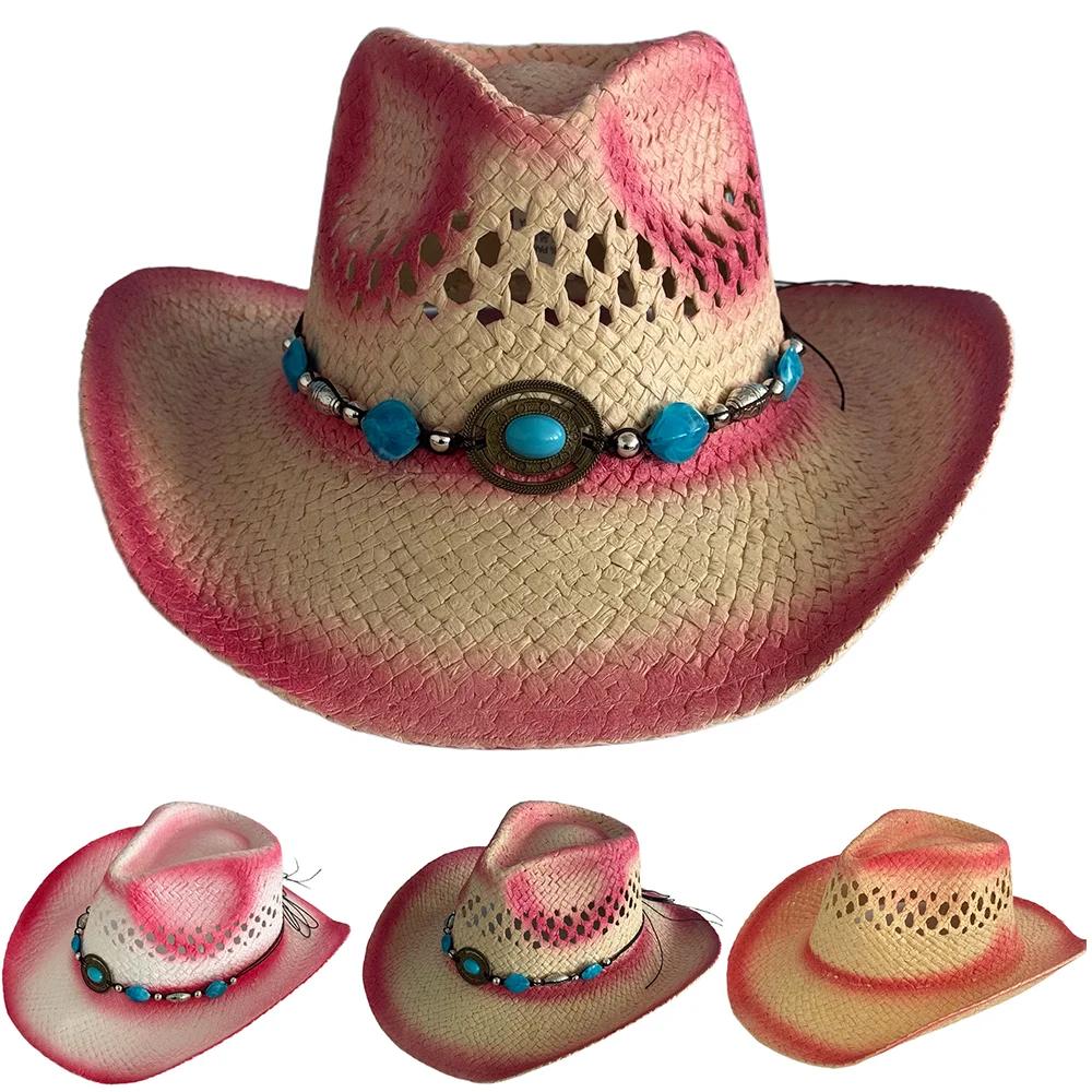 Summer Bohemia Vintage Western Cowboy Hat For Women Men Pink Gradual Change Beach Straw Hat Outdoor Wide Brim Hollow Out Sun Cap