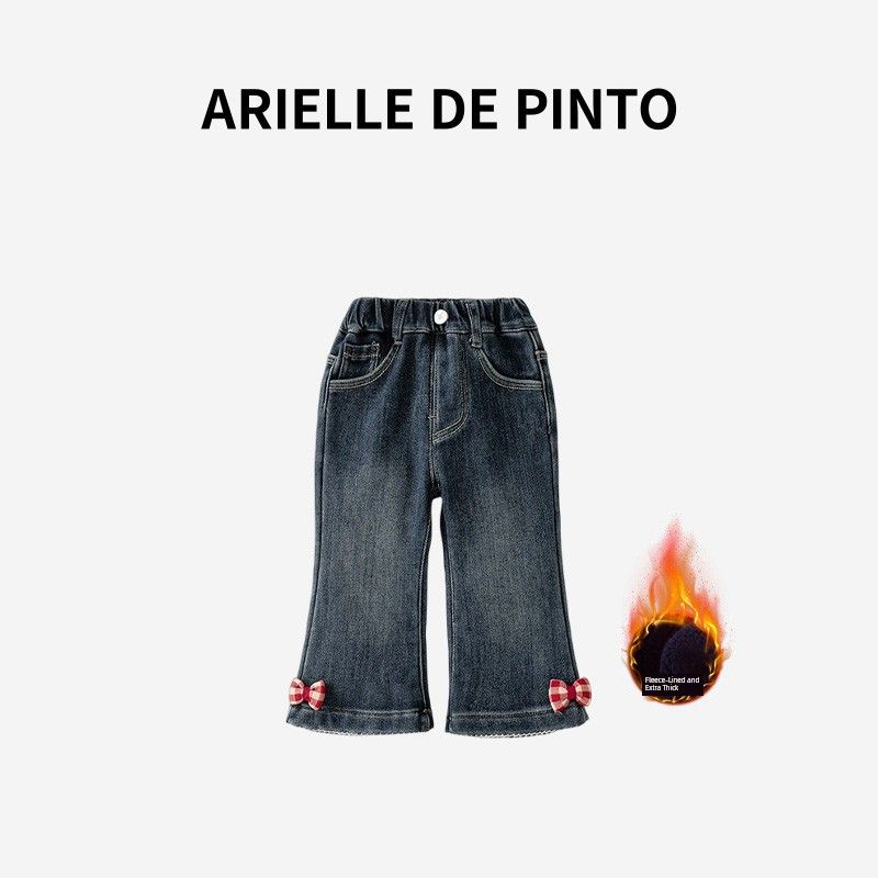 French Arielle De Pinto Girls  Fleece-Lined Pants, Winter Thickened Flared Pants, Integrated Fleece Jeans Blue 100