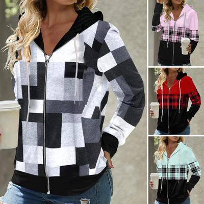 Autumn Women Hoodies Fashion Plaid Pattern Zipper Placket Cardigan Jacket Regular Fit
