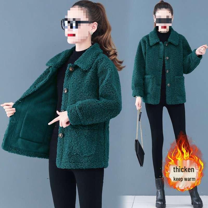 Stylish Faux Lamb Wool Coat for Women Aged 50-60: Warm Particle Velvet Top for Middle-Aged and Elderly Mothers