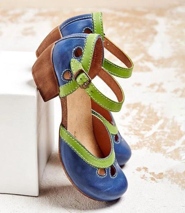 Scarpe Estive da Donna Tacco Medio Traforate Sandali Casual Eleganti Retro Scarpe a Tacco da Donna Caviglia Blocco di Colore Cinturini con Fibbia Sandali Femminili