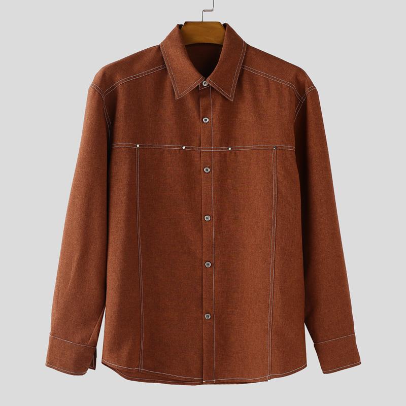 INCERUN Men Turn-down Collar Long Sleeve Stitching Casual Oversized Shirts Tops
