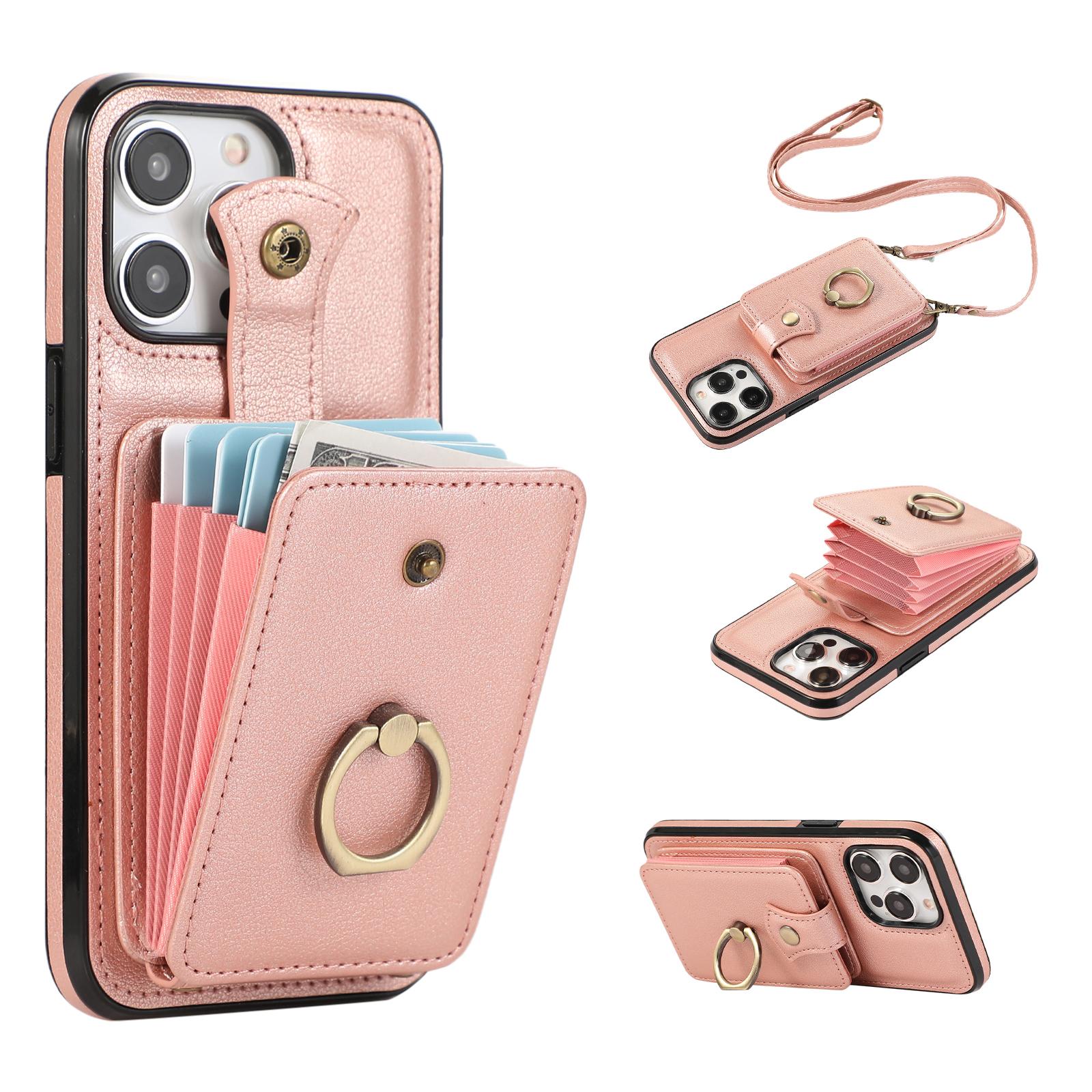 

For iPhone 15 Pro Max Case Card Holder Ring Kickstand TPU+PU Leather Phone Cover with Long Strap Rose Gold
