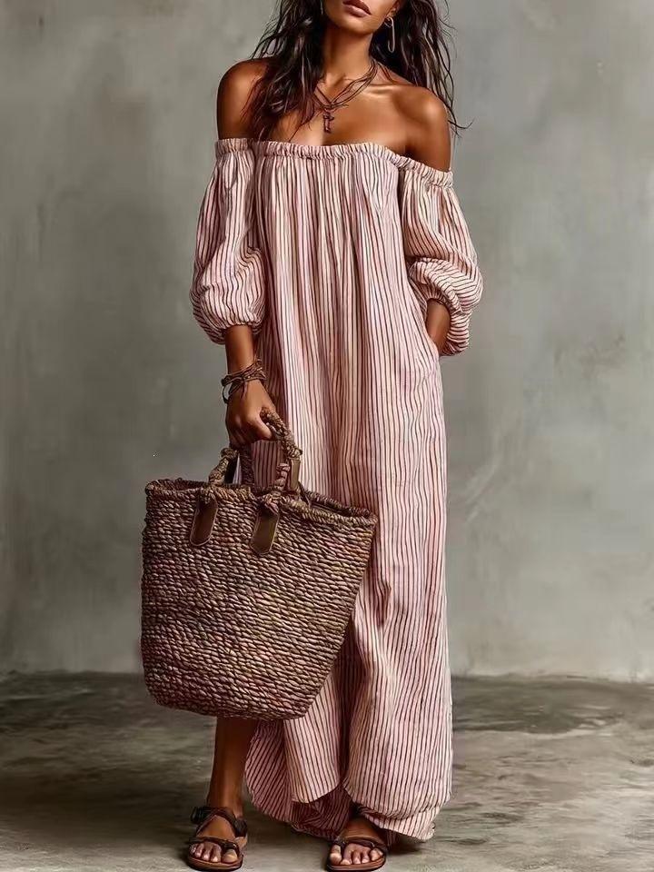 2026 Spring and Autumn New European and American Stripe Printed Off-Shoulder Lantern Sleeve Dress Holiday Style Loose Beach Dress