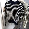 Women V-Neck Stripe Contrast Sweater Autumn Winter Soft Polo Neck Short Pullover Bat Sleeve Sweater