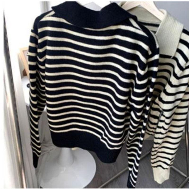 Women V-Neck Stripe Contrast Sweater Autumn Winter Soft Polo Neck Short Pullover Bat Sleeve Sweater