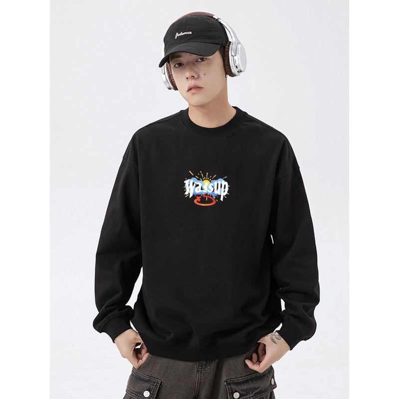 Wassup Cloud Sun National Trend Brand Crew Neck Sweatshirt Men's Autumn/Winter 2024 New Fleece-Lined Heavyweight Pullover Top