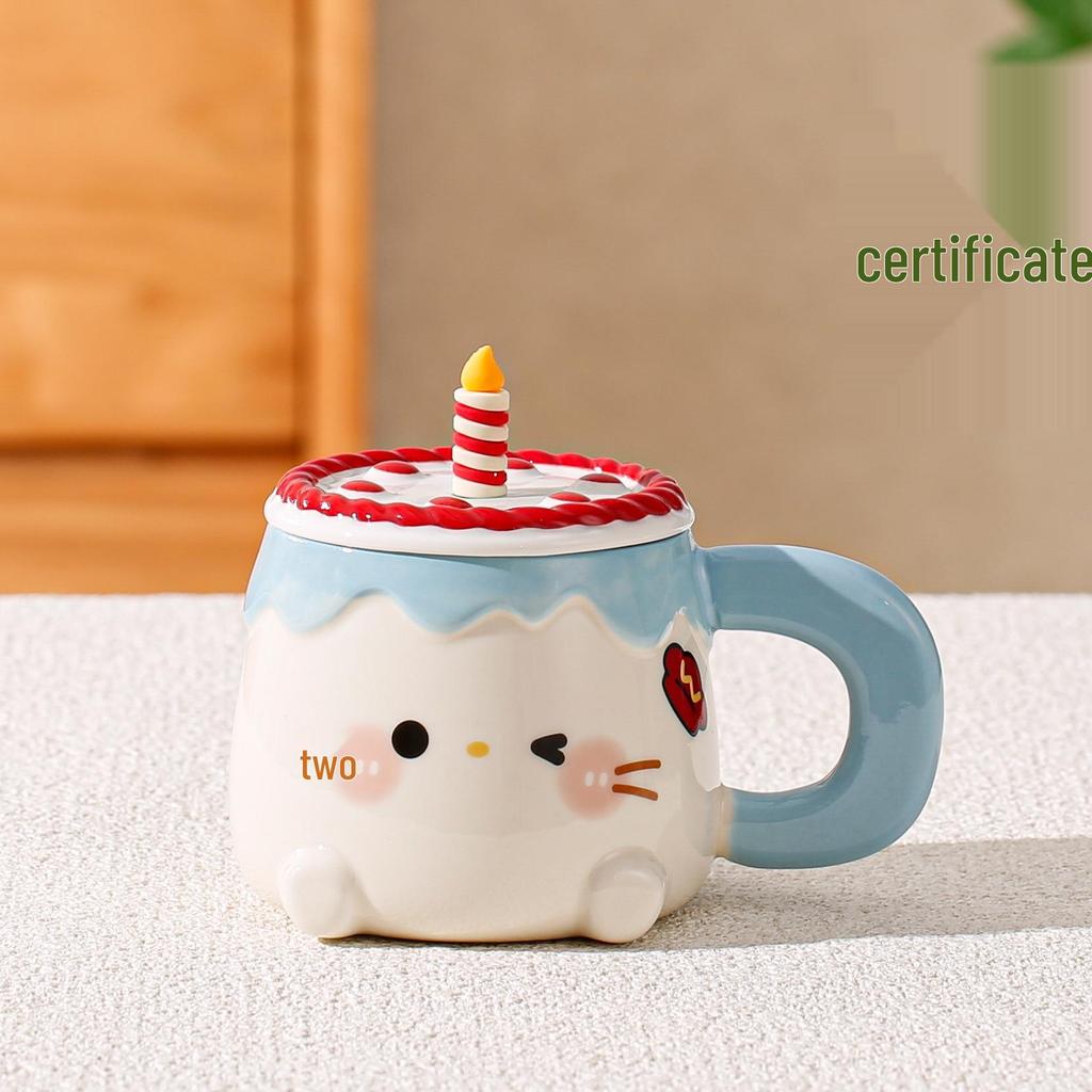 Cute Birthday Cat Candle Mug with Lid & Spoon - Heart Coffee Cup Gift
