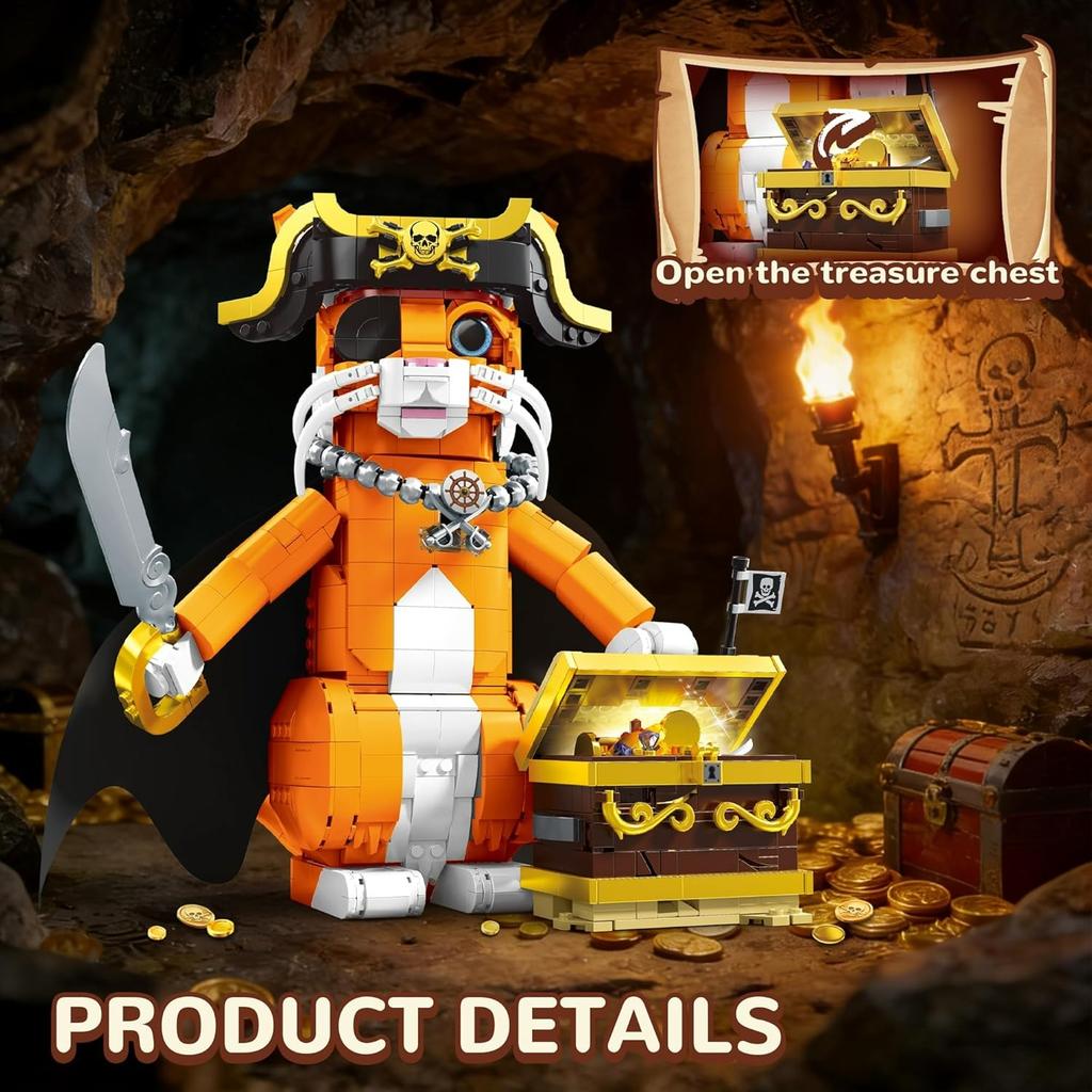 Pirate Cat Building Set with Treasure & Hat for Adults, Compatible with Lego Animal Caribbean Captain Orange Model Kit Collection for Adults - 1424PCS