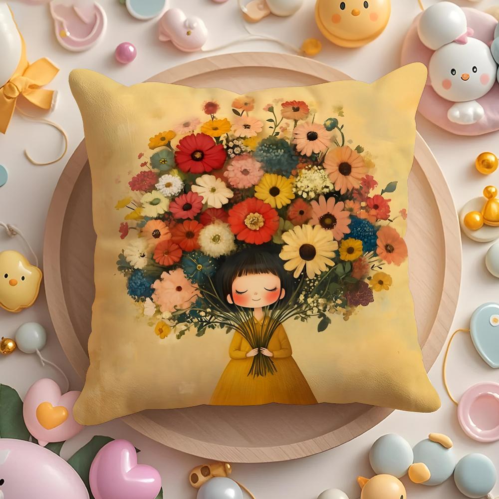 The girl is holding flowers Cushion Cover Short Plush DoubleSided Printing Home Machine Washable in Warm Winter Pillow Cover