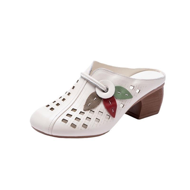 Summer sandals women's leather thick high heels flower old mother wearing bag head women's slippers