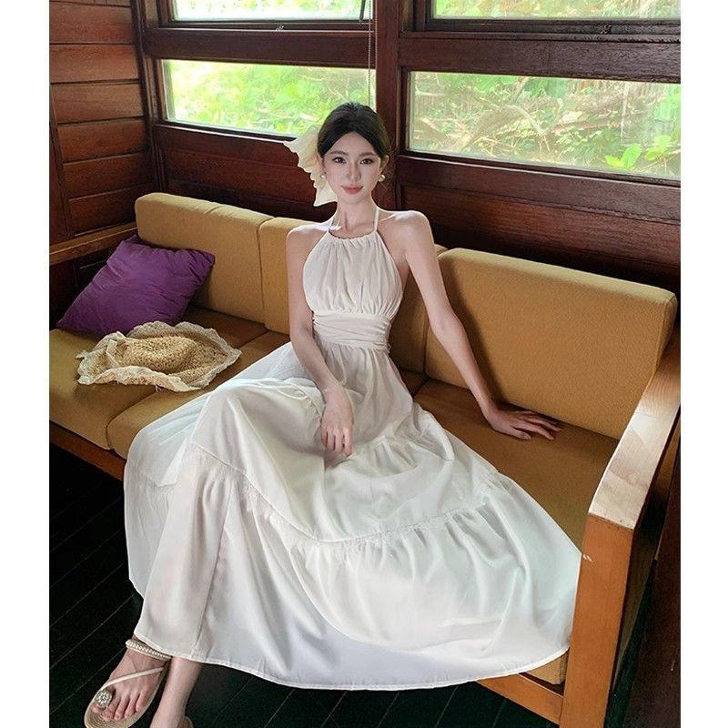 Seaside Vacation Style Design Sense Lace-up Beach Big Swing Skirt Summer New Niche Sweet Backless Neck Dress