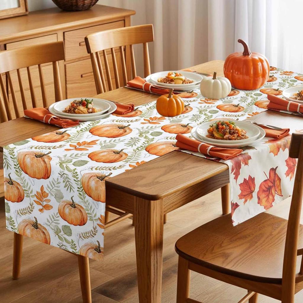Citrouilles Orange Automnales Feuilles Chemin de Table en Lin Décoration de Fête Récolte d'Automne Chemin de Table de Cuisine Salle à Manger Décoration de Thanksgiving