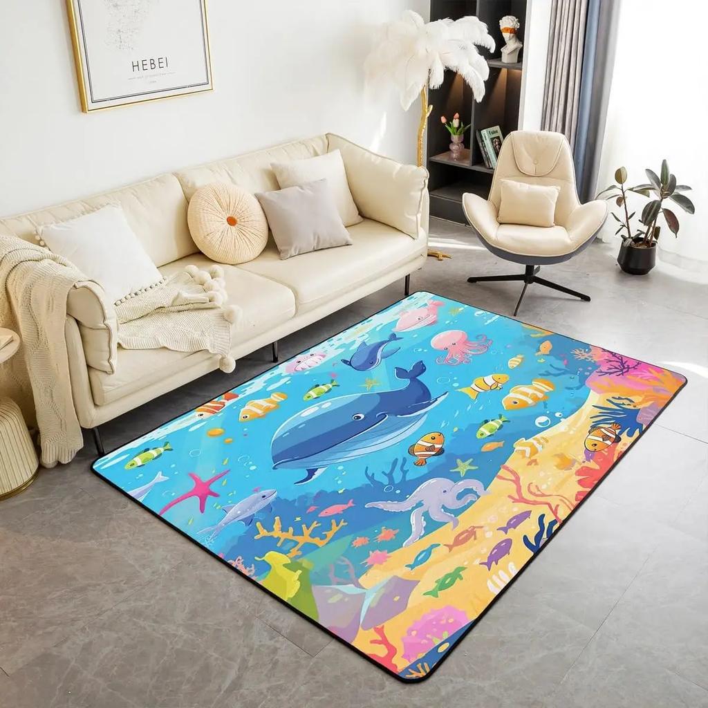 Jumping Dolphins Area Rug for Kids Boys Girls Cute Ocean Animal Decorative Carpet Sea Creatures Indoor Floor Mat Area Rug