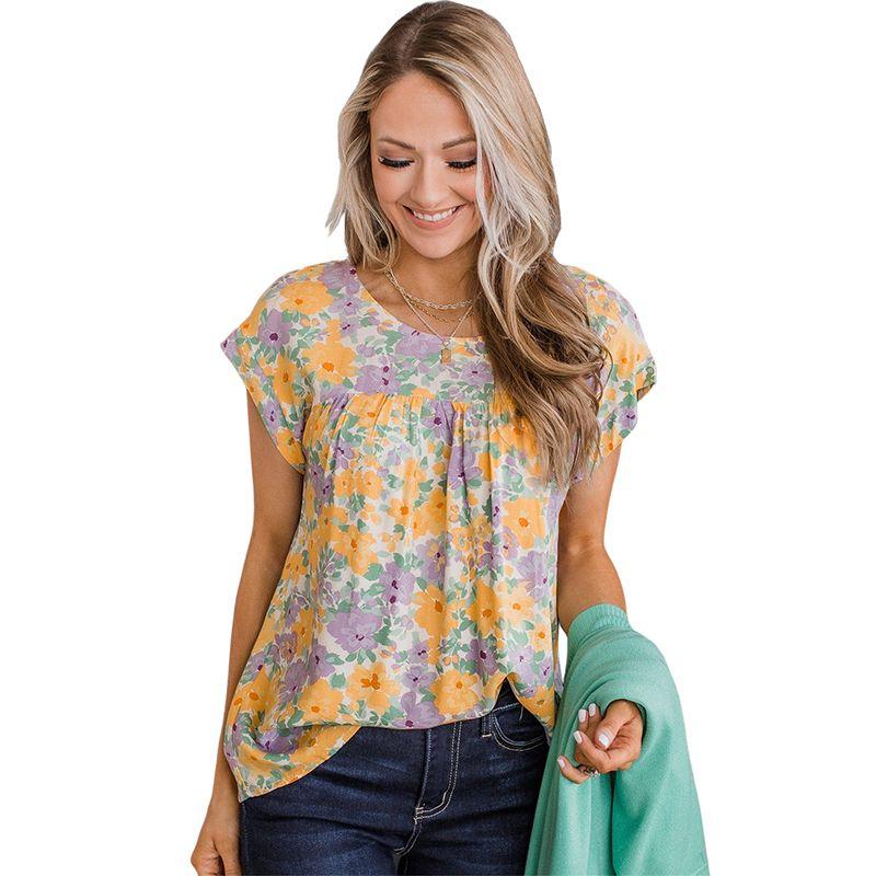 

American National Style Little-Girl Style Clothes Chiffon Shirt Women 2024 Summer New Arrival Print Hollow-out Pullover round Neck Short Sleeve Women LC25121101-yellow XL code fits (70.00 kg-75.00 kg