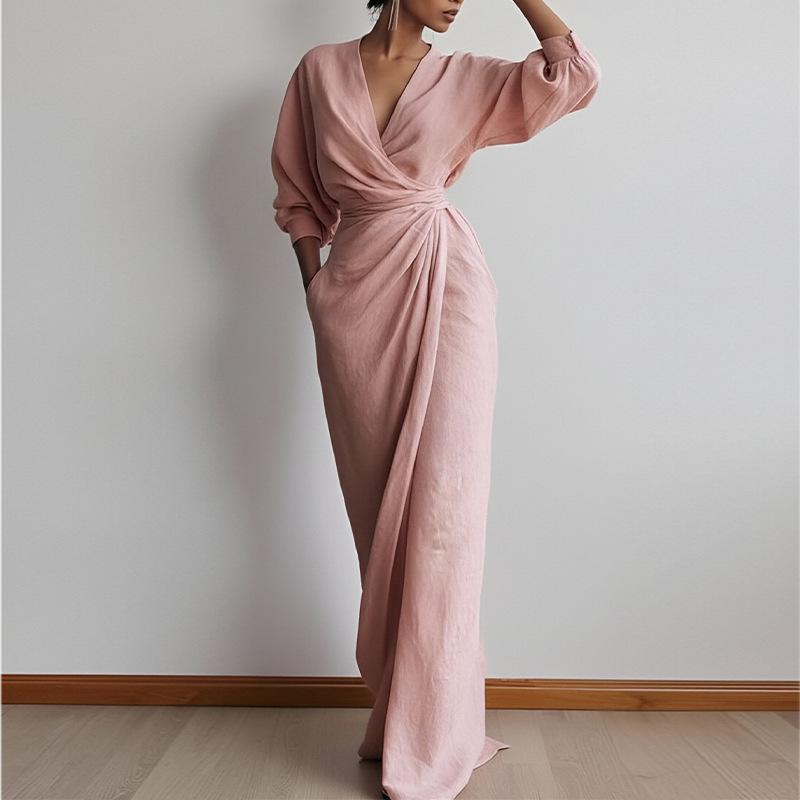 Women Elegant Solid Color V Neck High Waist Waist Cinched Long Maxi Dress S