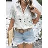 Women's Casual Short-Sleeve Button-Up Shirt with Collar Light Base Full-Body Vine Flower Bird Print Blouse Top Machine Washable