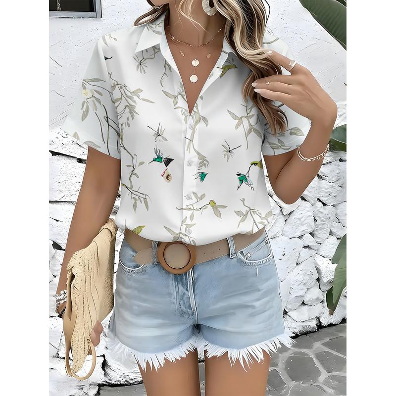 Women's Casual Short-Sleeve Button-Up Shirt with Collar Light Base Full-Body Vine Flower Bird Print Blouse Top Machine Washable
