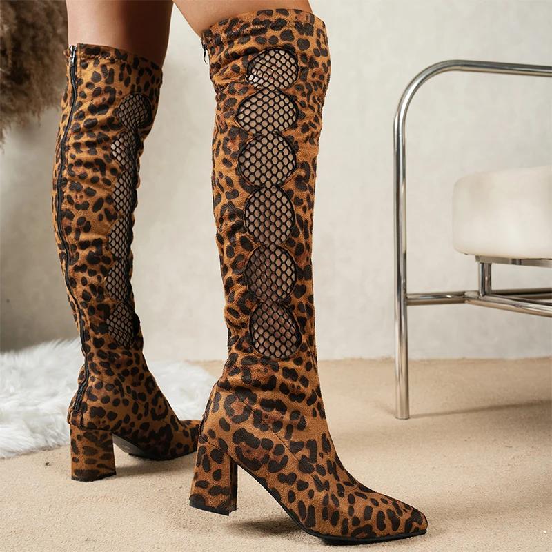Fashion Leopard Women's High Boots Mesh High Heels Chunky Shoes Summer Designer 2025 New Woman Over The Knee Pumps Chelsea Mujer Zapatos
