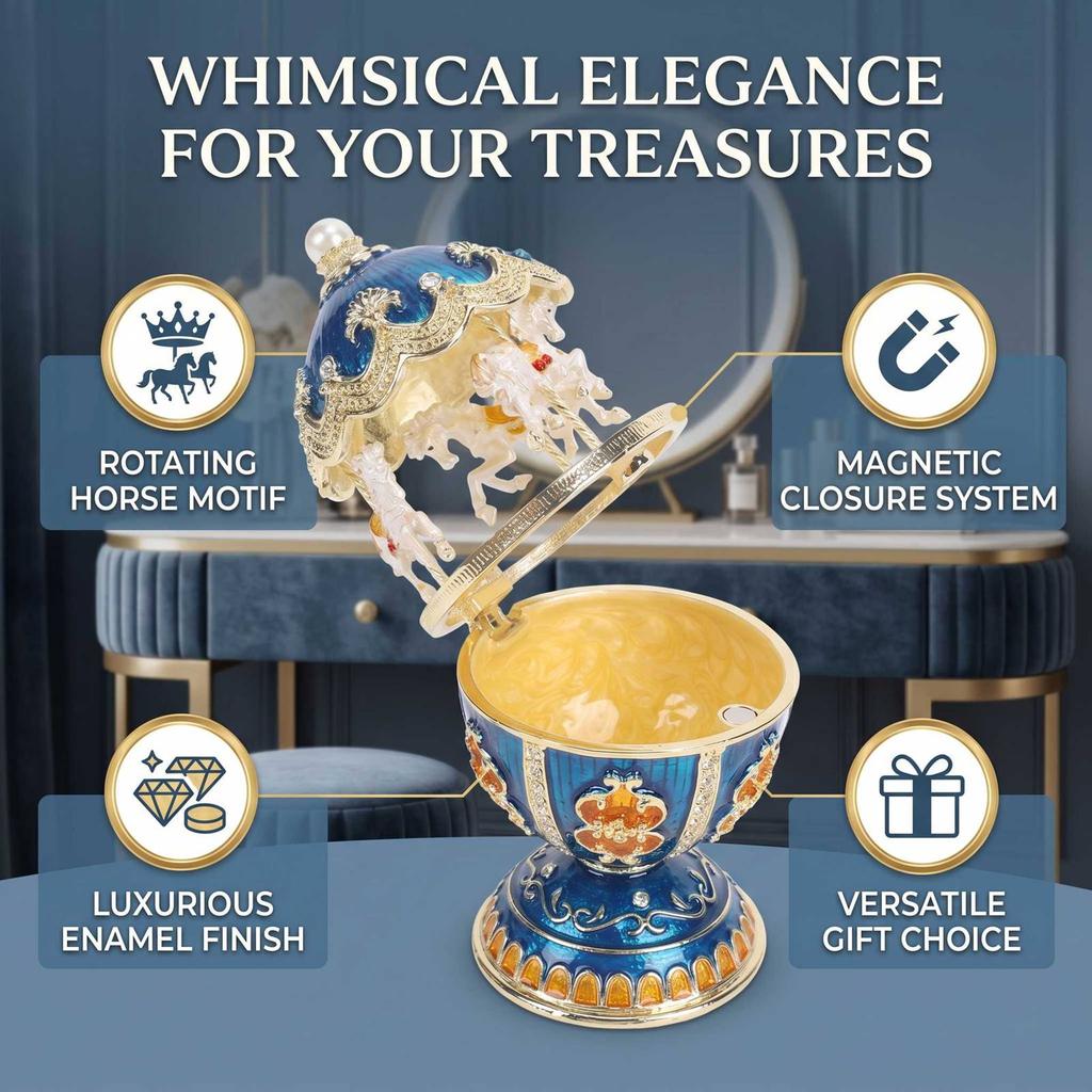 Carousel Jewelry Box Magnetism Egg Shaped Rotating Horse Rhinestone Enamel Jewelry Storage Box Blue