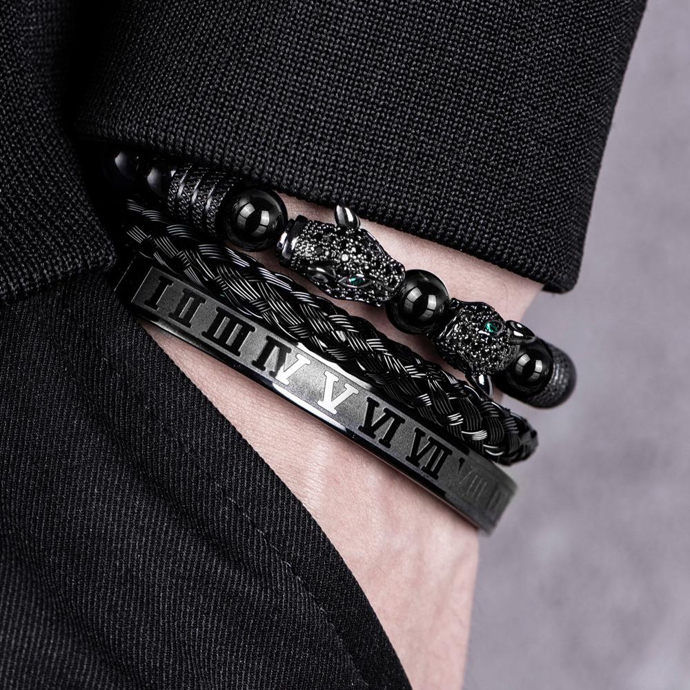 Men's Black Braided Bracelet Set with Double Leopard Heads and Roman Numerals, European & American Retro Style, Stainless Steel.